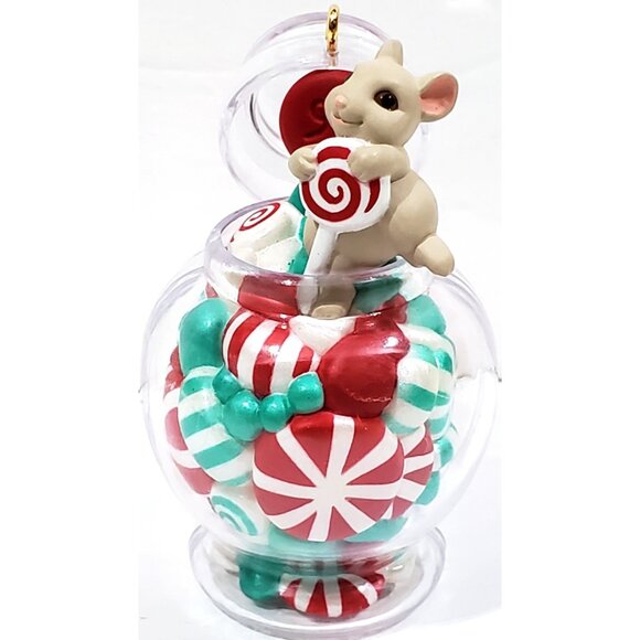 Hallmark CANDY CAPER Christmas Ornament mouse in jar of mint & sweets Dated 1994 - Picture 2 of 16